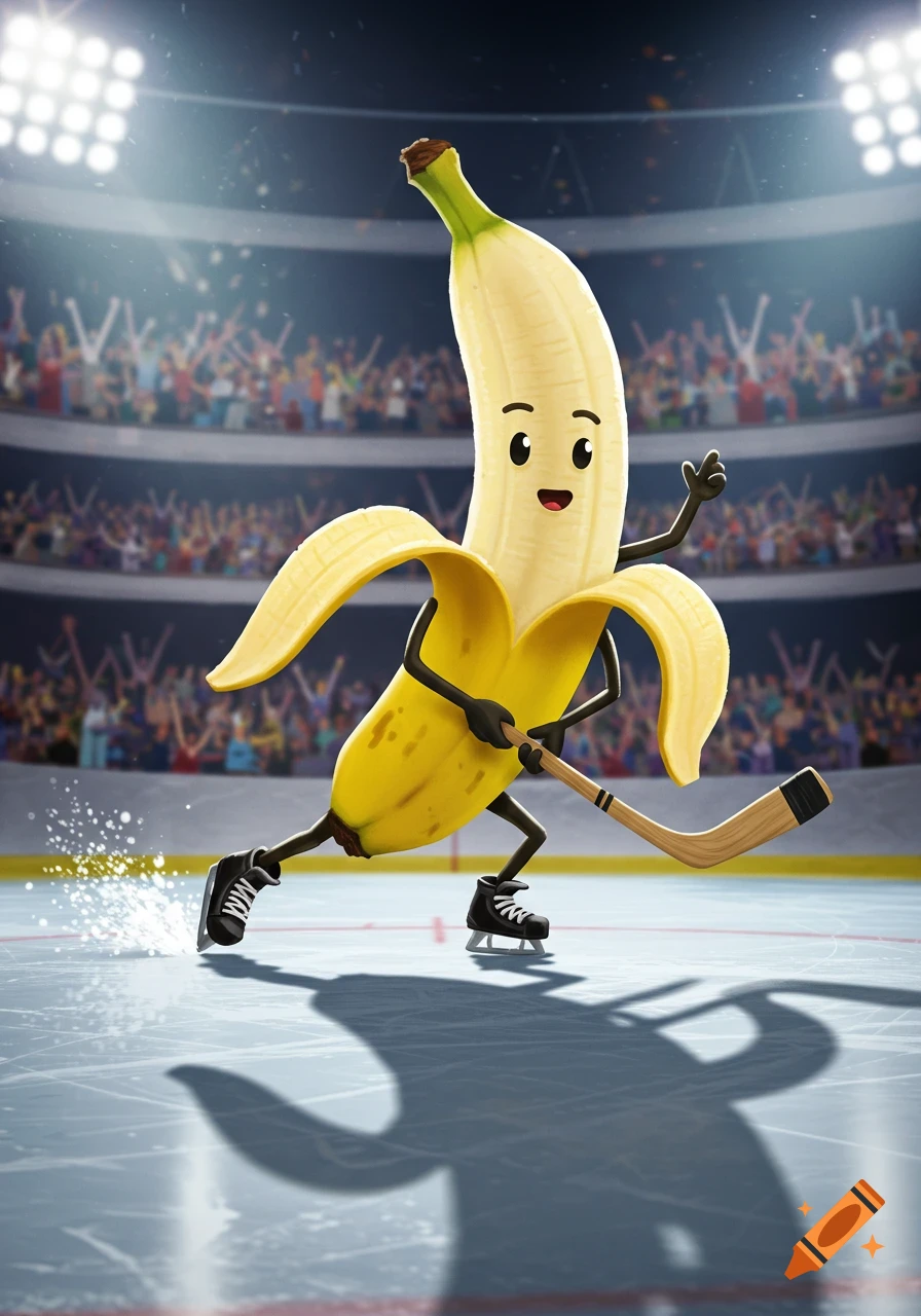 A cheerful cartoon banana, partially peeled, skates on an ice rink with a hockey stick in a stadium.