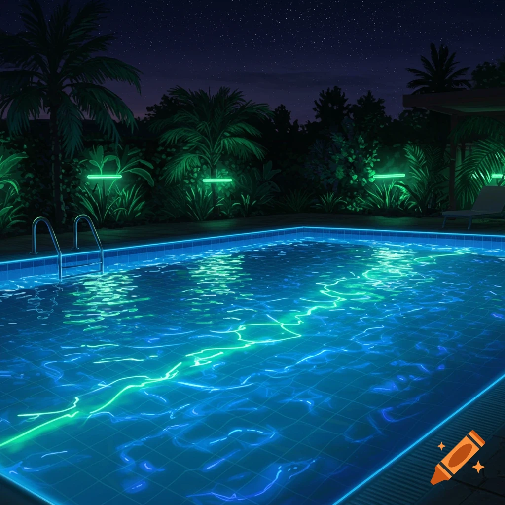 Night view of a swimming pool with neon blue and green lights, surrounded by palm trees under a starry sky.
