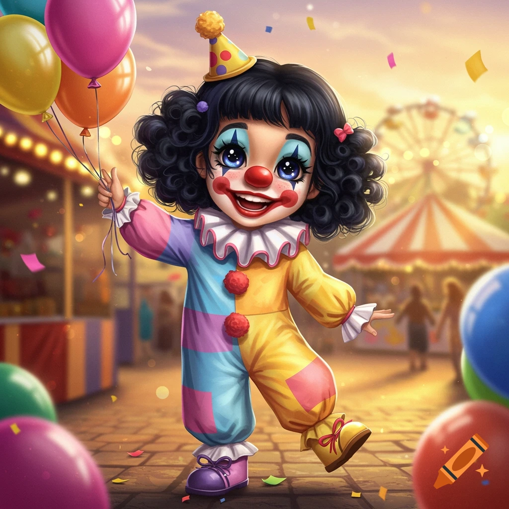 A happy cartoon clown girl with curly black hair smiles brightly, holding colorful balloons at a festive carnival with a Ferris wheel in the background.