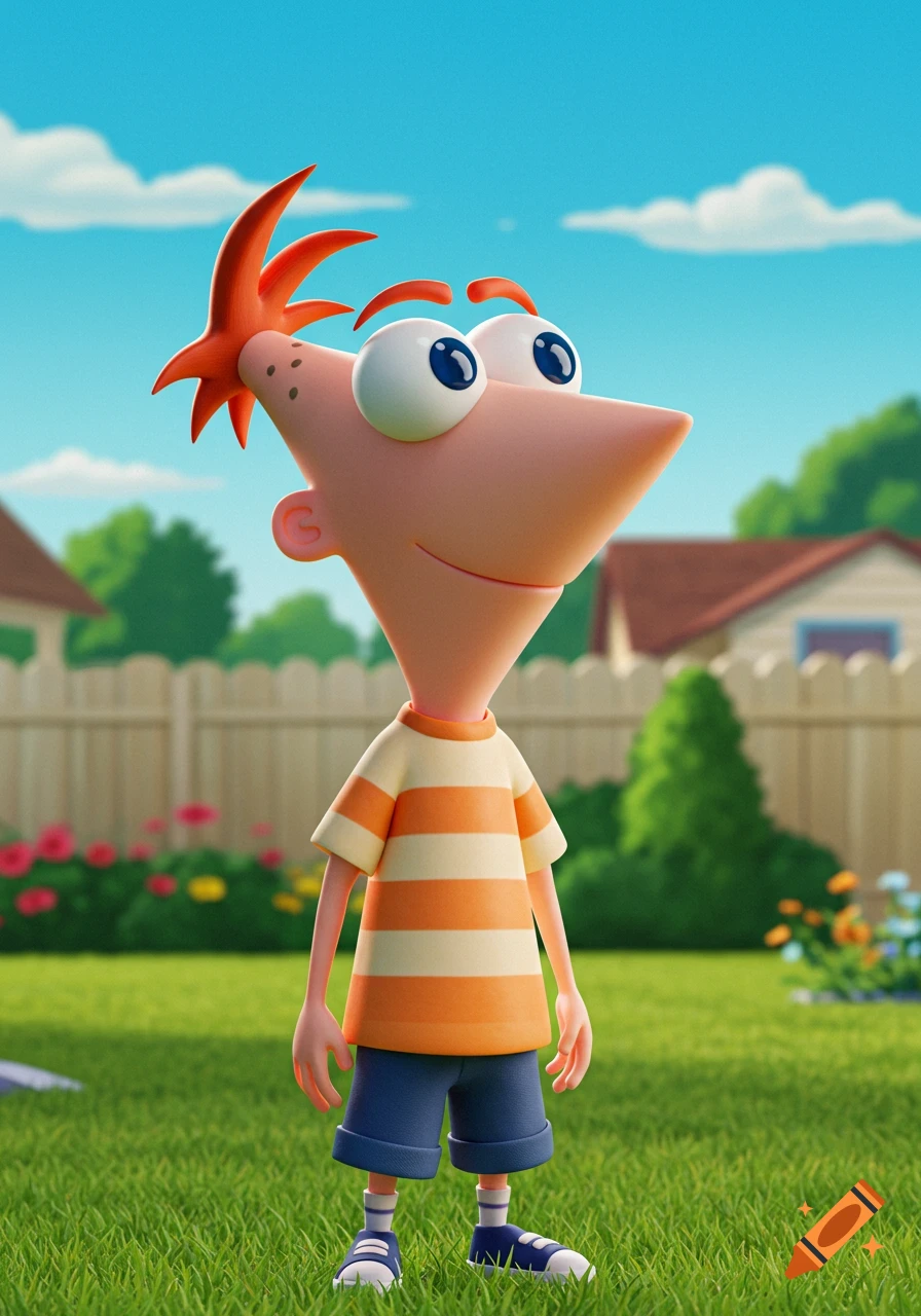 3D rendering of Phineas Flynn standing in a sunny backyard, wearing a striped orange and cream shirt and blue shorts.