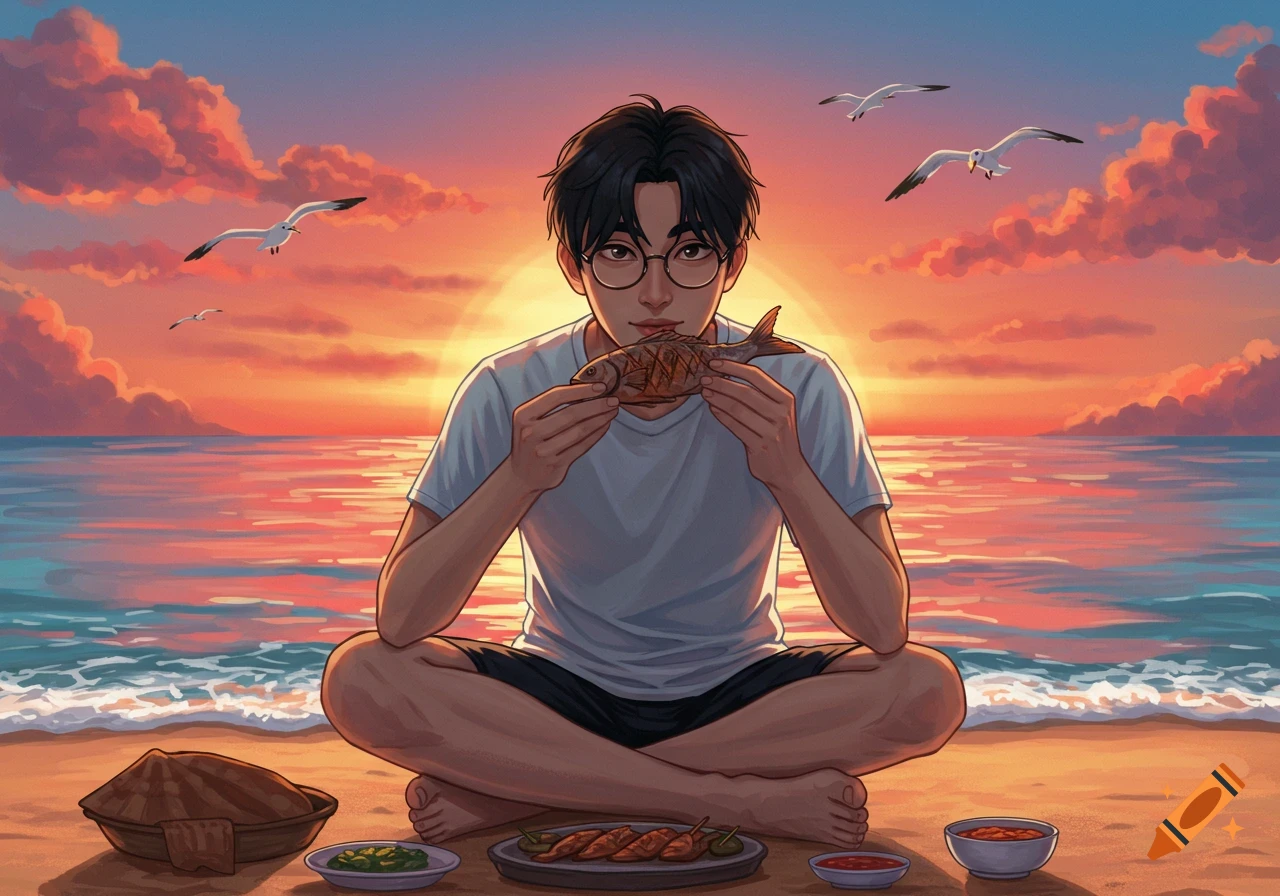 Anime man eating grilled fish on a sunset beach, with seagulls flying over the ocean.