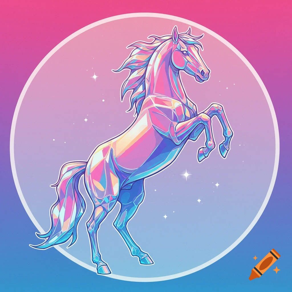 A vibrant crystal horse rearing on its hind legs, rendered in a colorful geometric illustration within a circular frame.