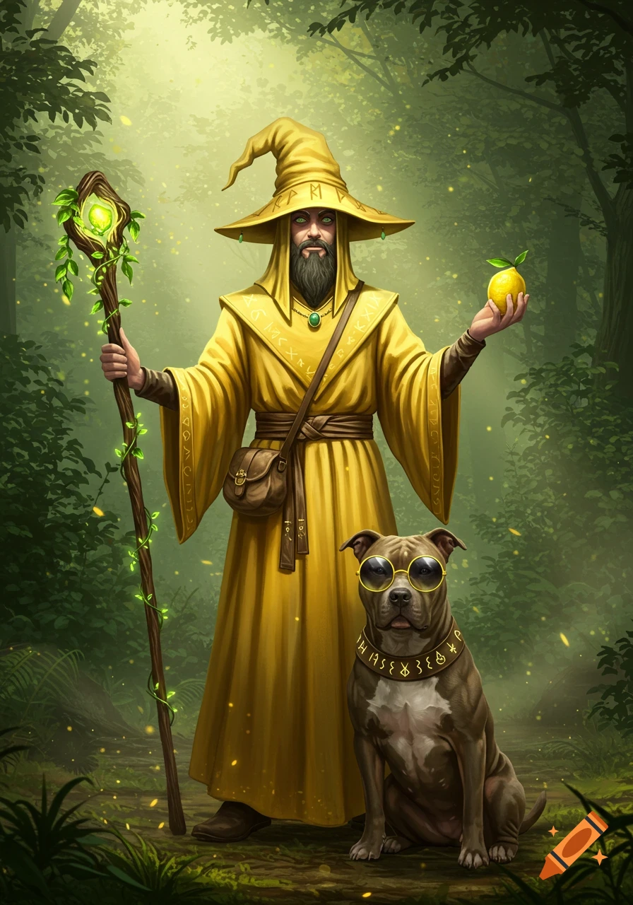 A wizard in a yellow robe and pointed hat, holding a glowing staff and a lemon, stands with a pitbull wearing sunglasses in a mystical forest.