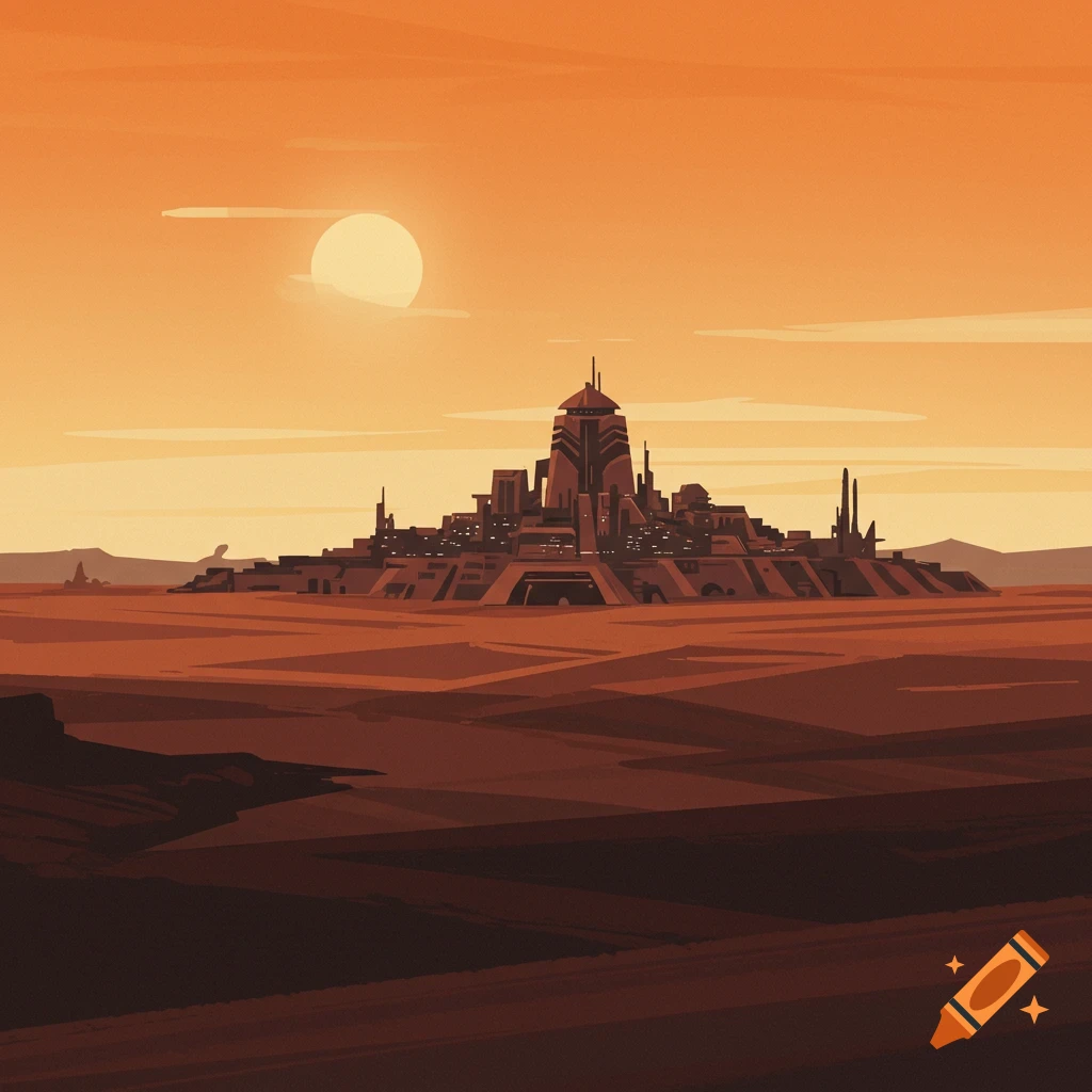 Stylized concept art of a futuristic desert city, Arrakeen, under a large orange sun in an orange sky.