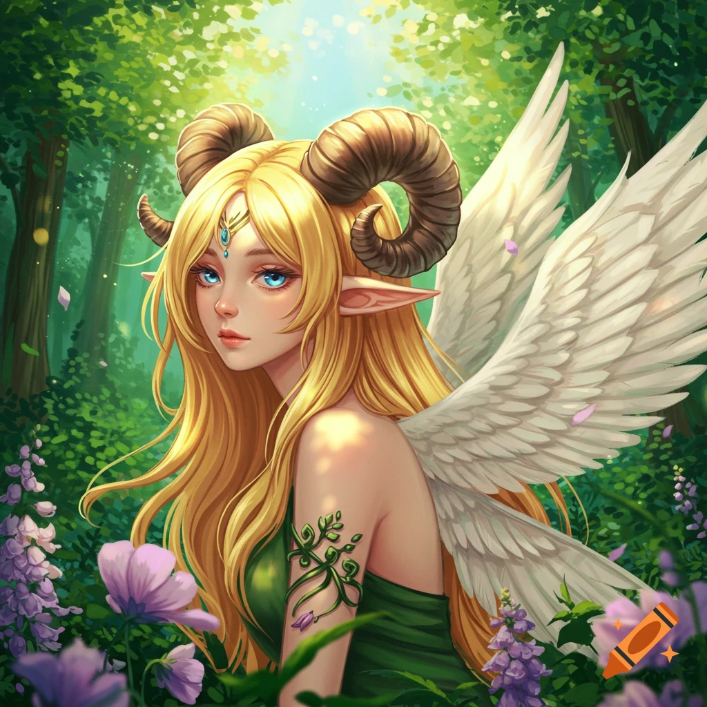 Anime style forest fae with blonde hair, spiral ram horns, elf ears, blue eyes, white wings, and a leafy tattoo, surrounded by green foliage and purple flowers.