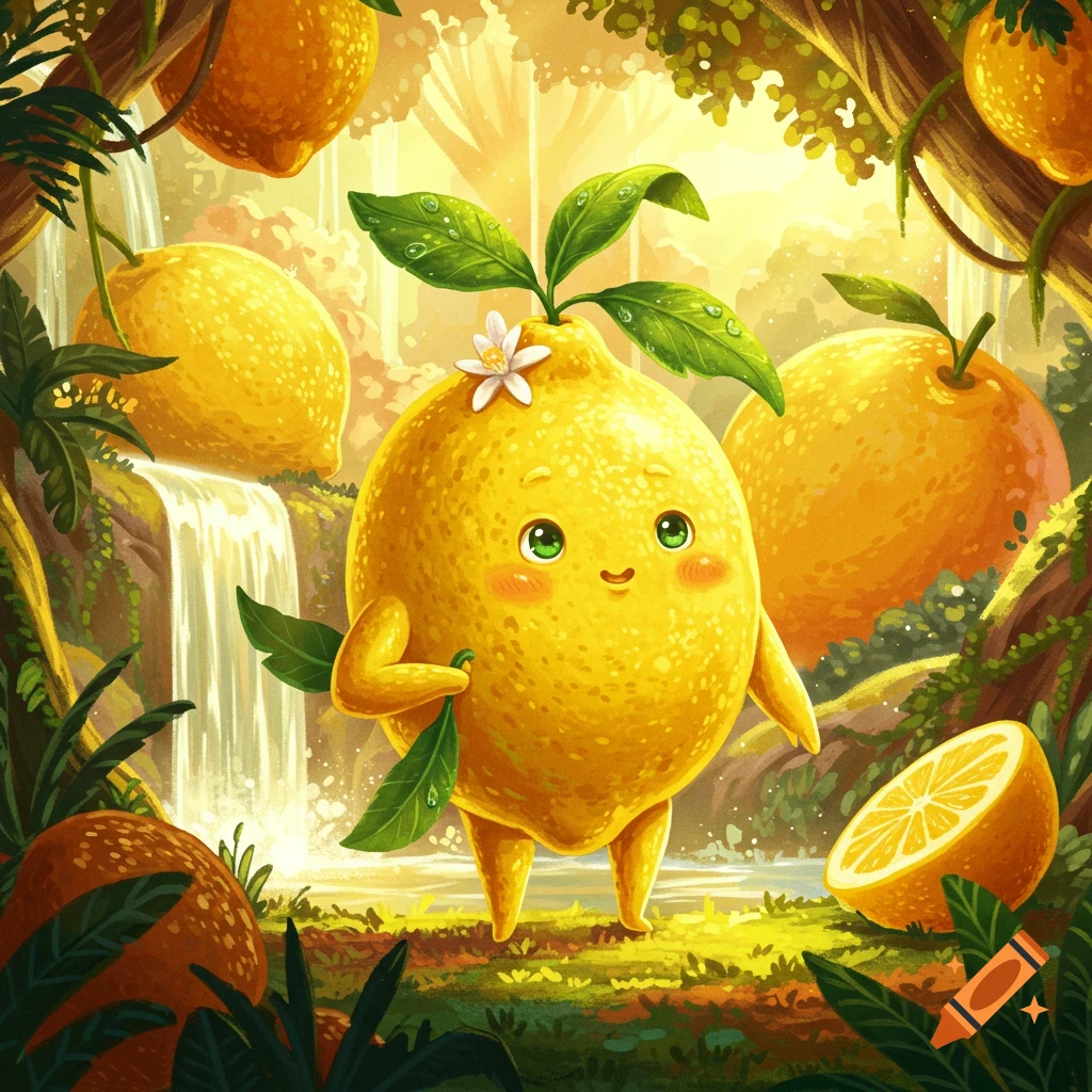 A cute, smiling lemon character with green eyes and rosy cheeks stands in a bright, lush fantasy jungle with a waterfall and other citrus fruits.