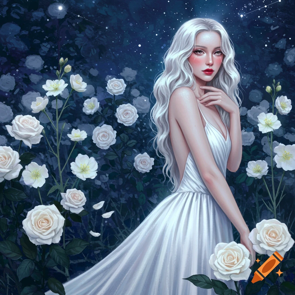 An ethereal woman with long white hair in a white dress stands in a dark rose garden under a starry night sky, illustration.