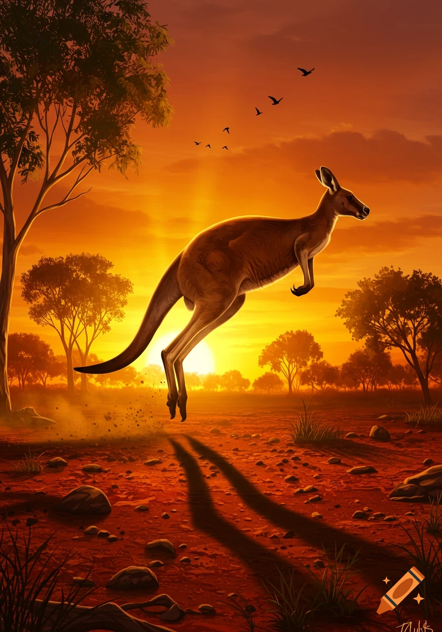 A kangaroo leaps in a stylized Australian outback at sunset, with an orange sky and silhouetted trees.