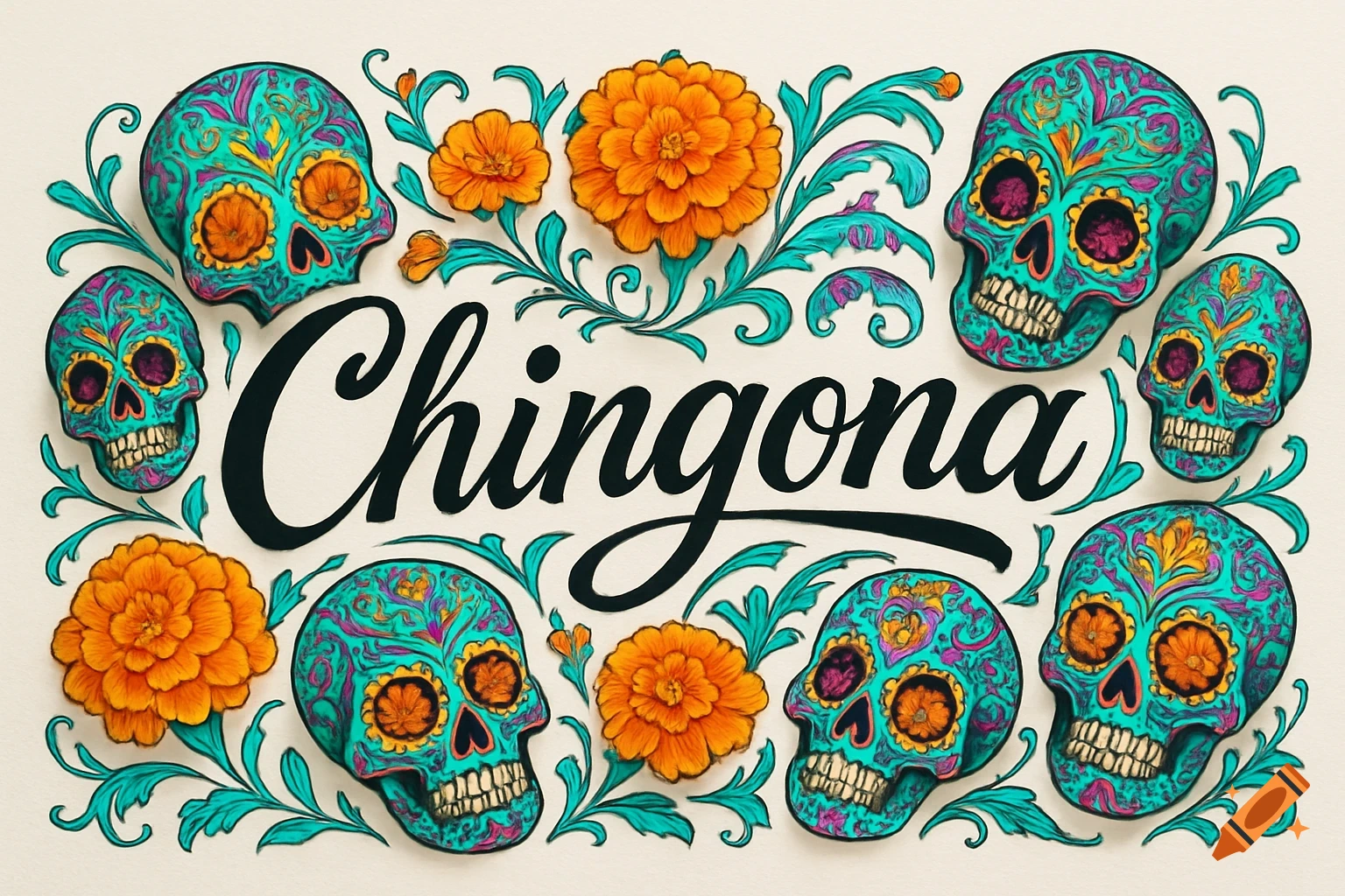 Stylized lettering "Chingona" surrounded by colorful sugar skulls, marigolds, and teal foliage on a white background.