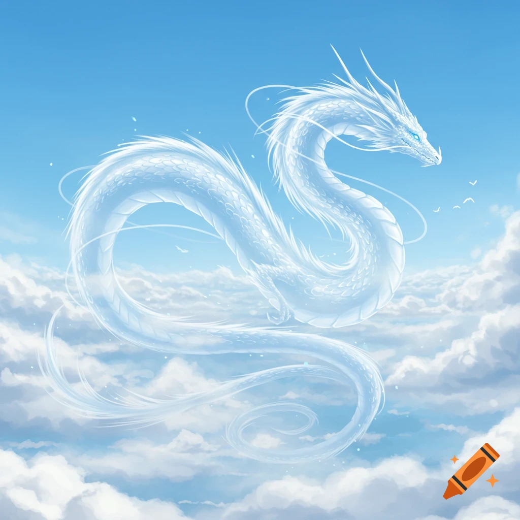 An ethereal white cloud dragon with light blue eyes flies gracefully through a bright blue sky with fluffy white clouds.