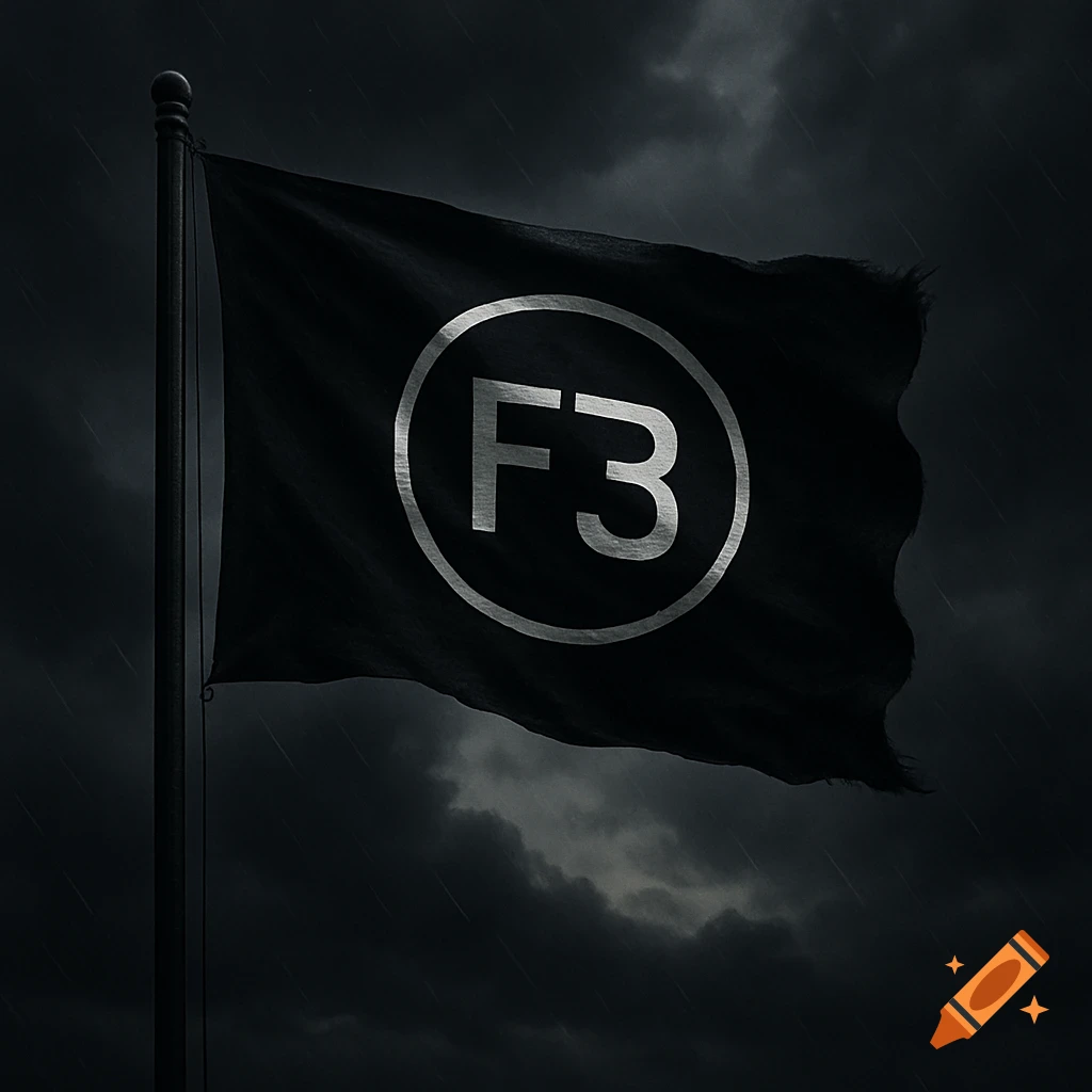 A black flag with a silver F3 logo in a circle waves on a pole against a dark, rainy, stormy sky.