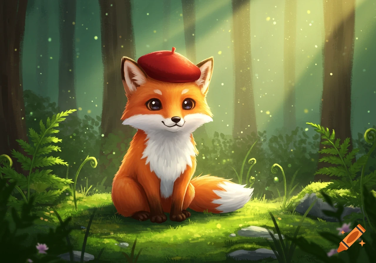A cute cartoon fox wearing a red beret sits in a sunlit forest.