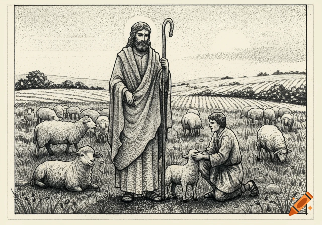 Stipple drawing depicting Jesus with a shepherd and their flock of sheep in a field.