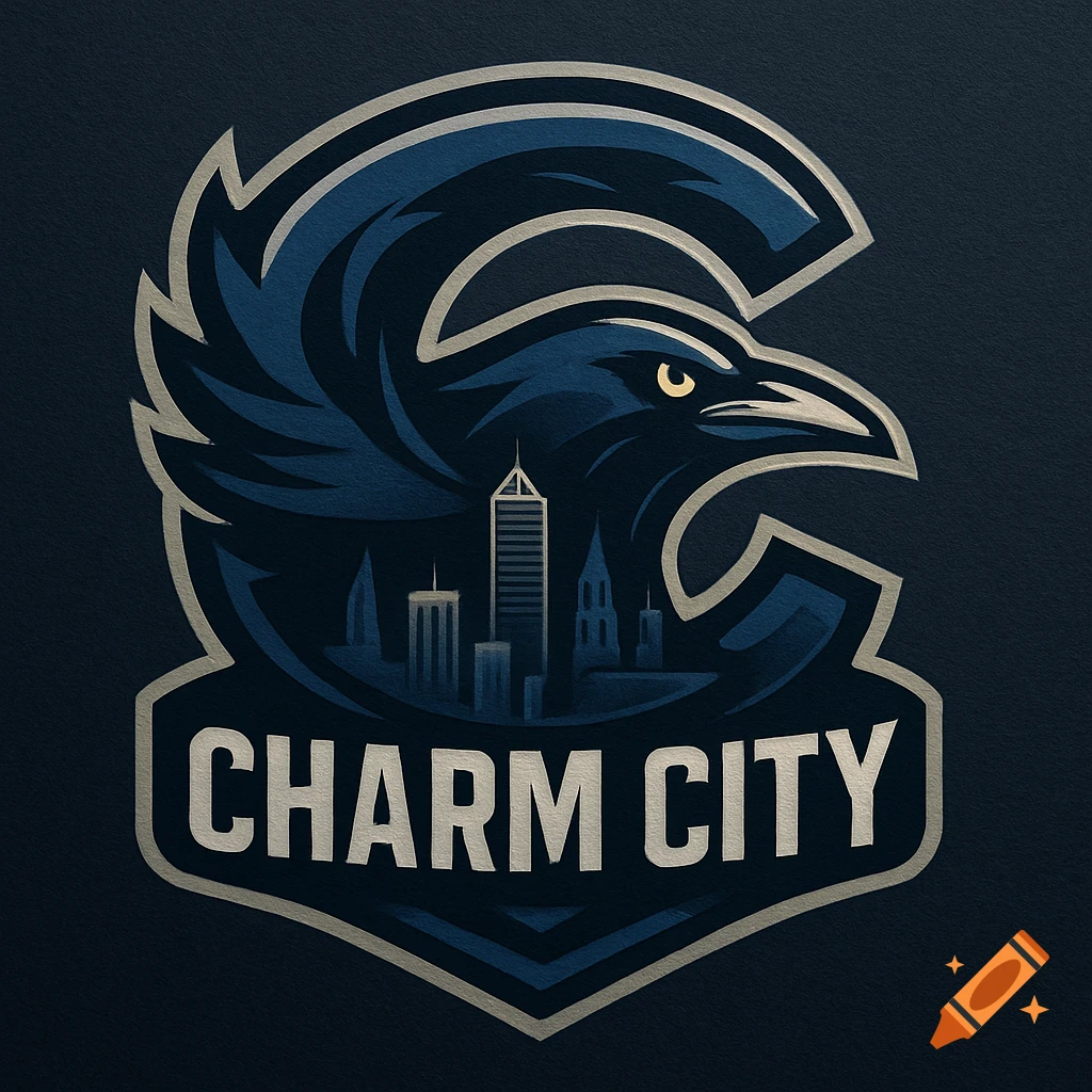 Dark blue sports logo featuring a stylized raven's head with a city skyline inside, and 'CHARM CITY' text below.