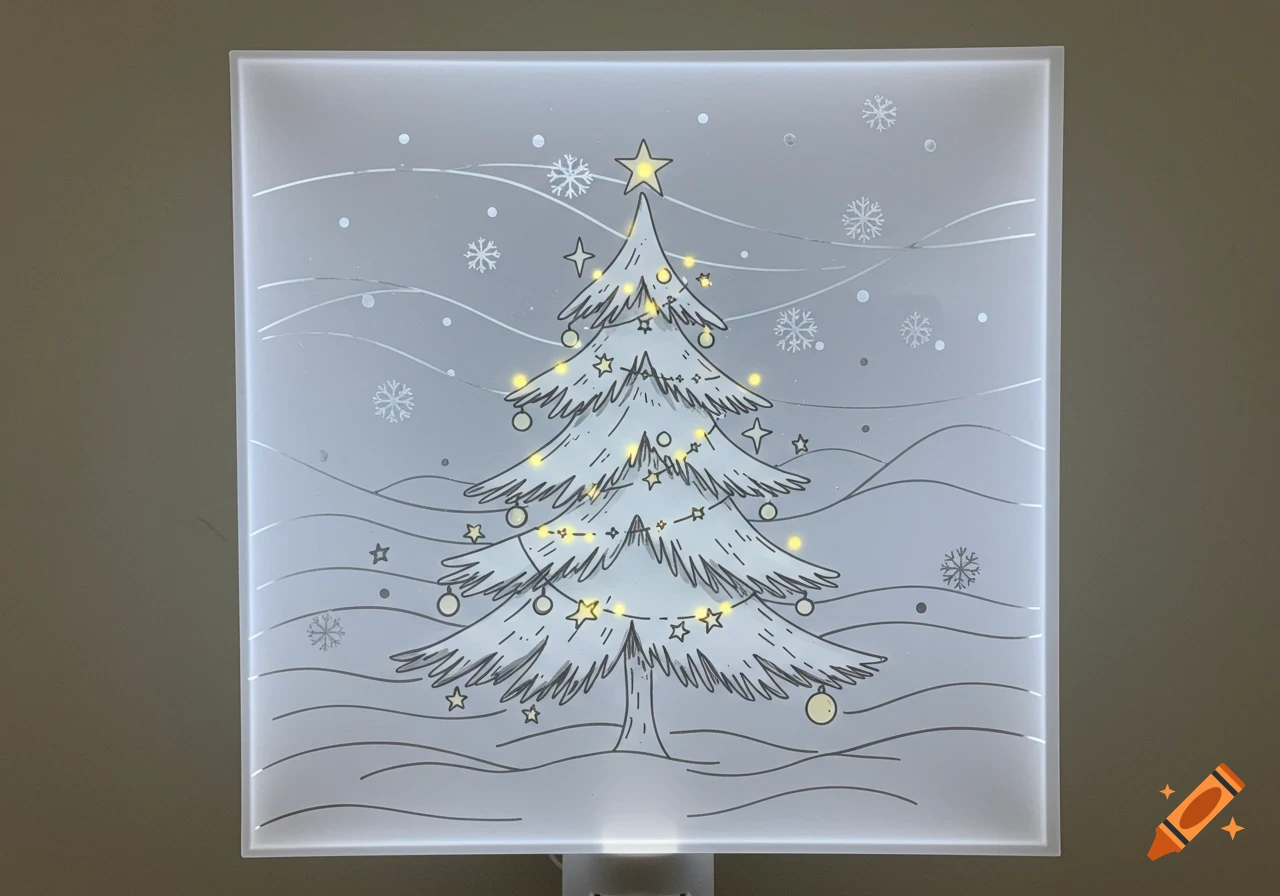 A glowing rectangular nightlight featuring a festive line art drawing of a Christmas tree with golden lights and snowflakes.