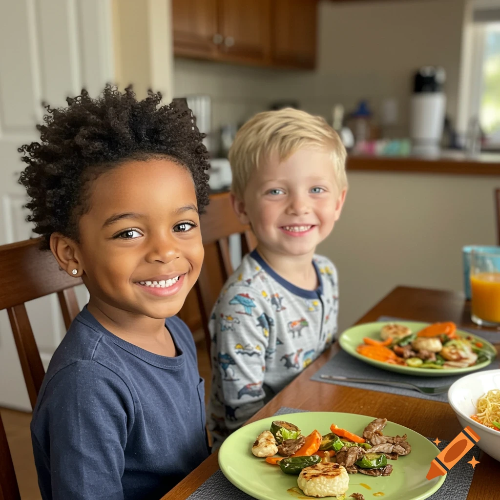 Two young boys, one with dark curly hair and one with blonde hair, smiling at a dining table with plates of food.