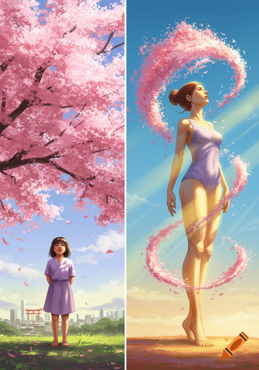 Digital illustration showing two scenes: a young girl under a cherry blossom tree and a woman in a leotard with swirling cherry blossoms against a sky.