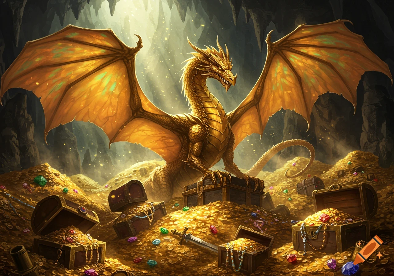 A majestic golden dragon guards a vast hoard of glittering gold coins and colorful gems in a dark, cavernous setting with treasure chests.