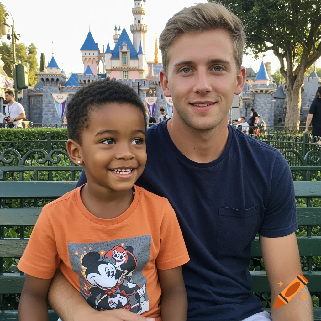 A man and a smiling child sit on a bench with a Disneyland castle in the background.
