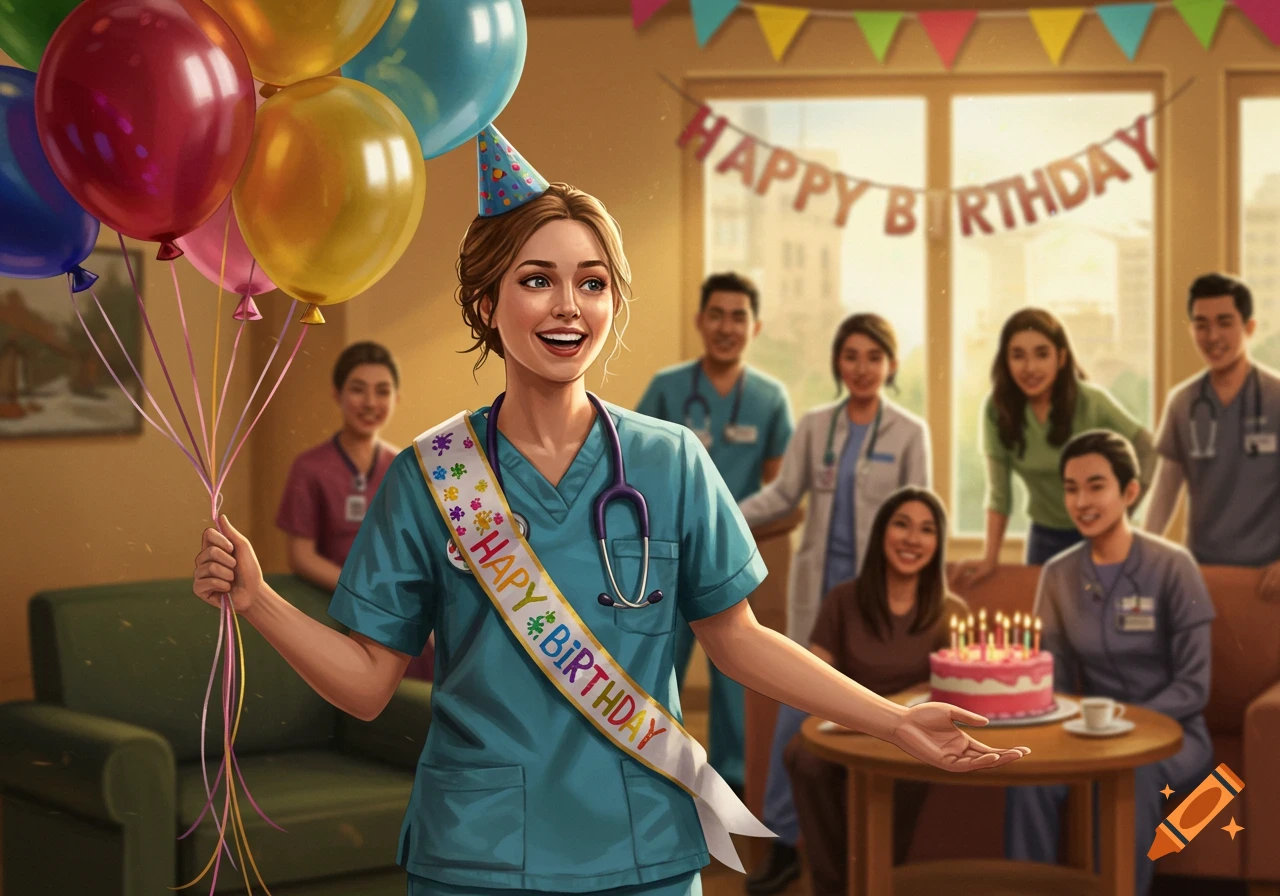 A happy nurse in a teal scrub top, party hat, and birthday sash holds balloons while surrounded by colleagues and a birthday cake.
