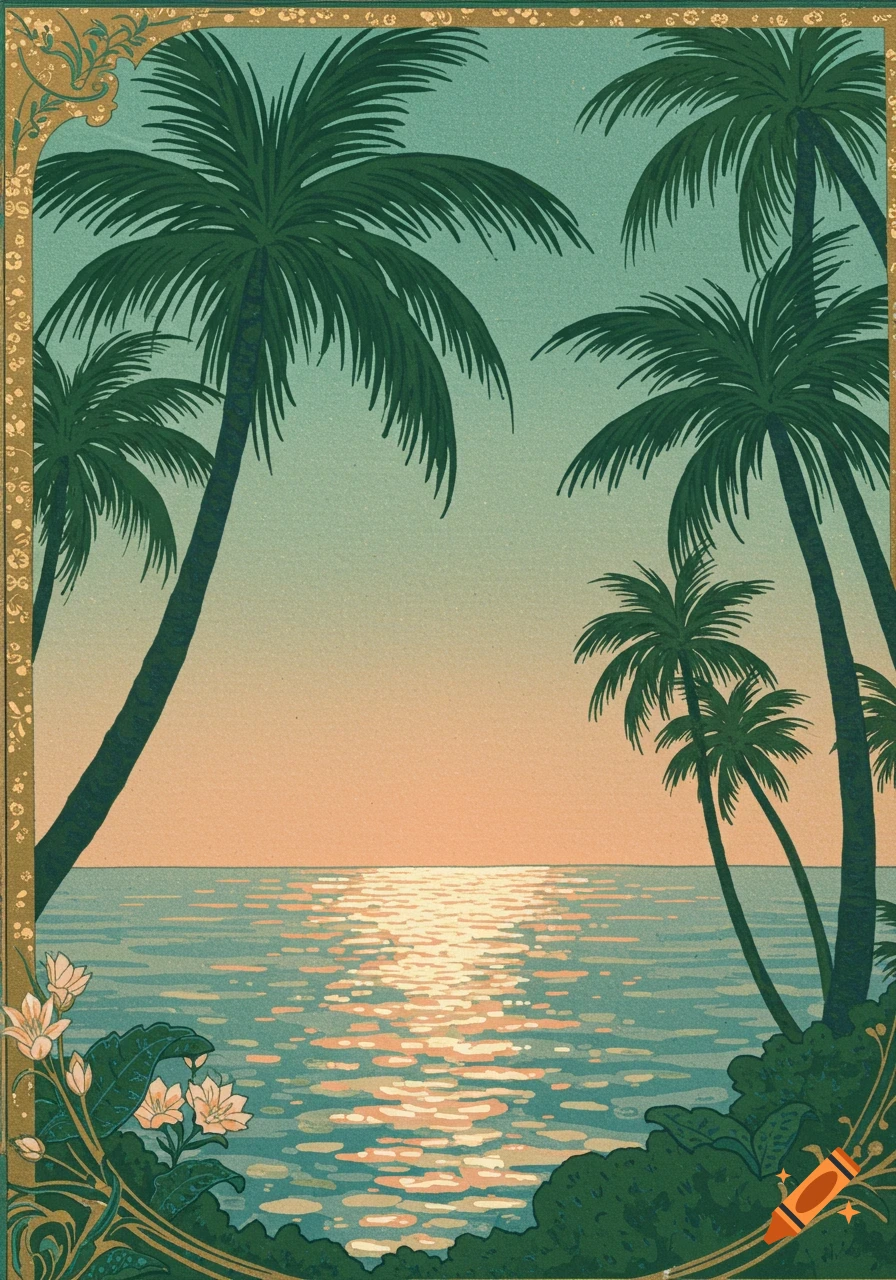 Art Deco illustration of palm trees silhouetted against a sunset over the ocean, with a decorative border.