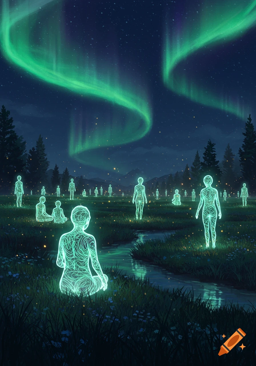 Glowing, ethereal human figures stand and sit in a grassy field with a stream under vibrant green aurora borealis at night.