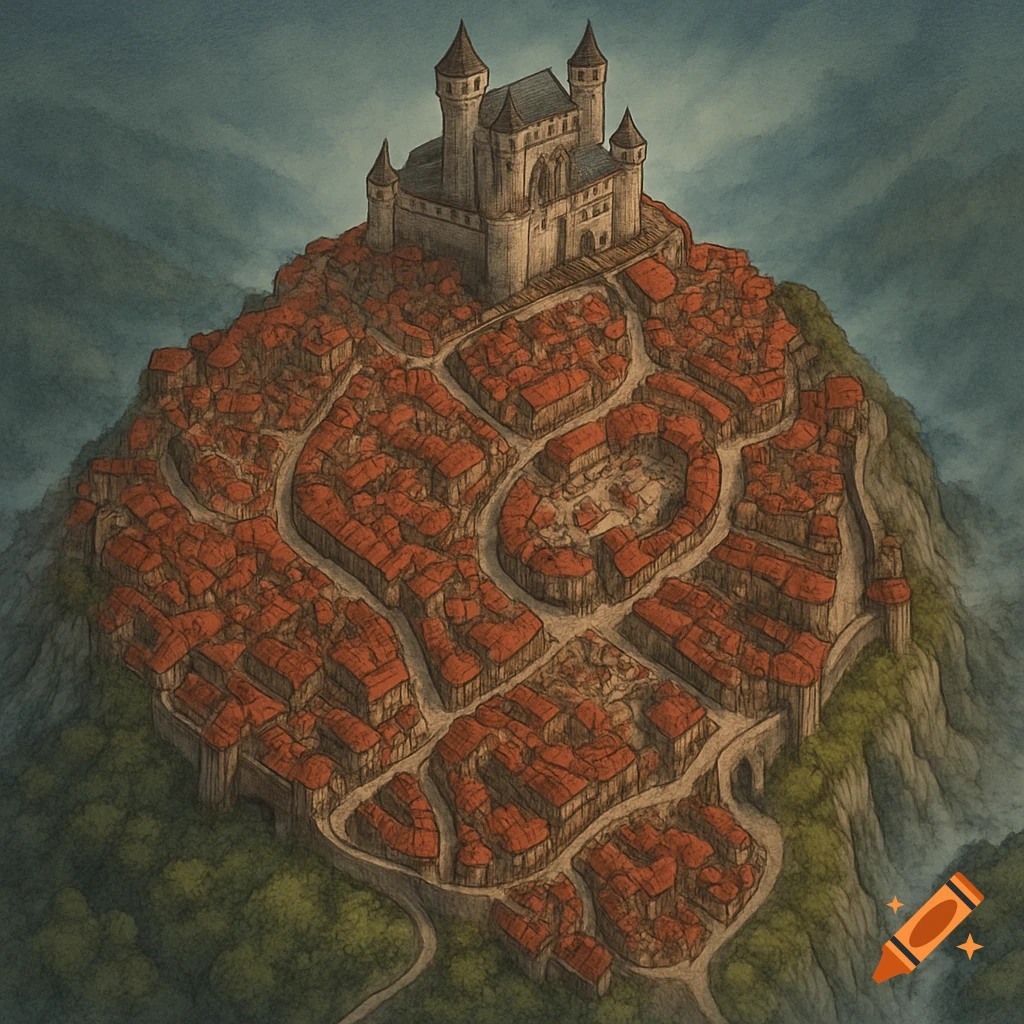 An illustrated fantasy map of a castle town nestled on a mountaintop, with red-roofed buildings and winding paths.