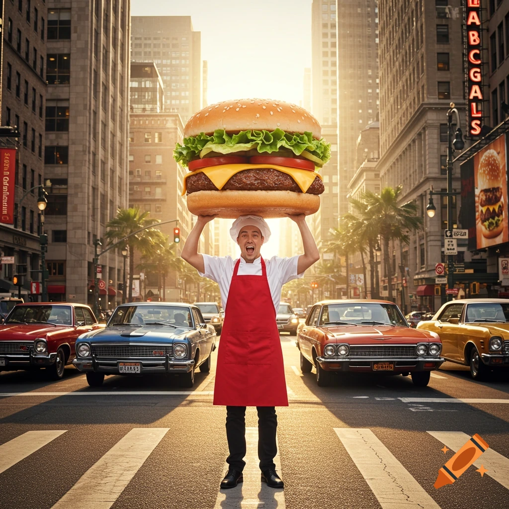 A chef holds a giant hamburger above his head in the middle of a busy city street, causing a traffic jam. Photorealistic style.