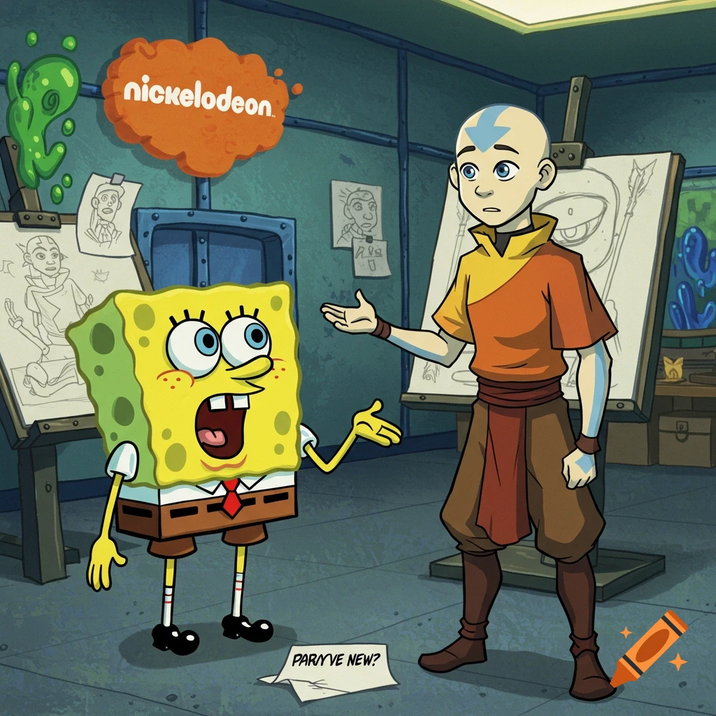 SpongeBob and Aang in a cartoon studio, SpongeBob looks surprised while Aang looks confused. Nickelodeon logo visible.