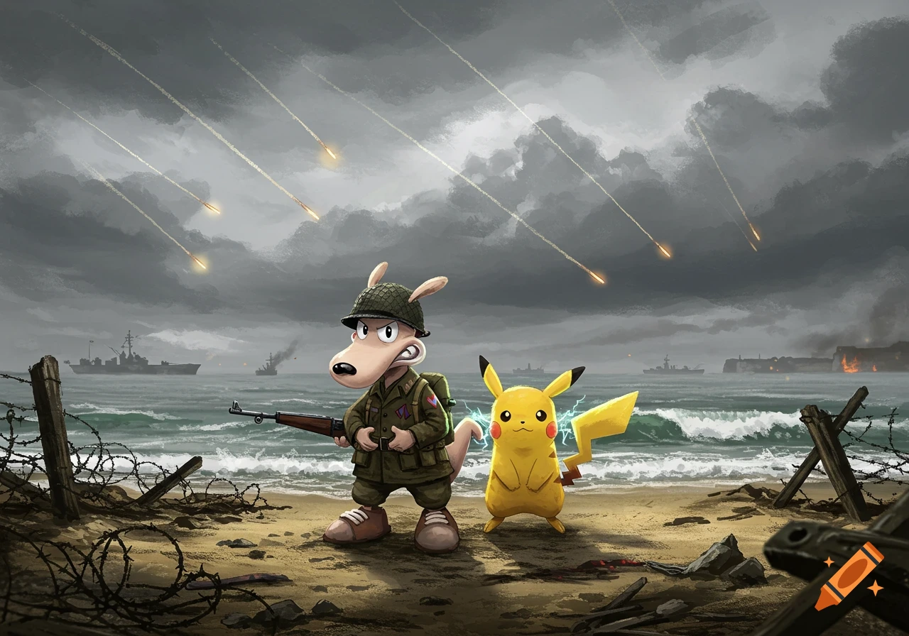 Cartoon soldier kangaroo and Pikachu on a stormy D-Day beach with falling shells and warships.