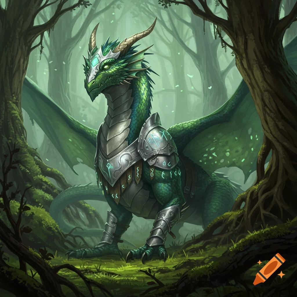 A majestic green armored dragon with glowing runes stands in a lush, misty forest.