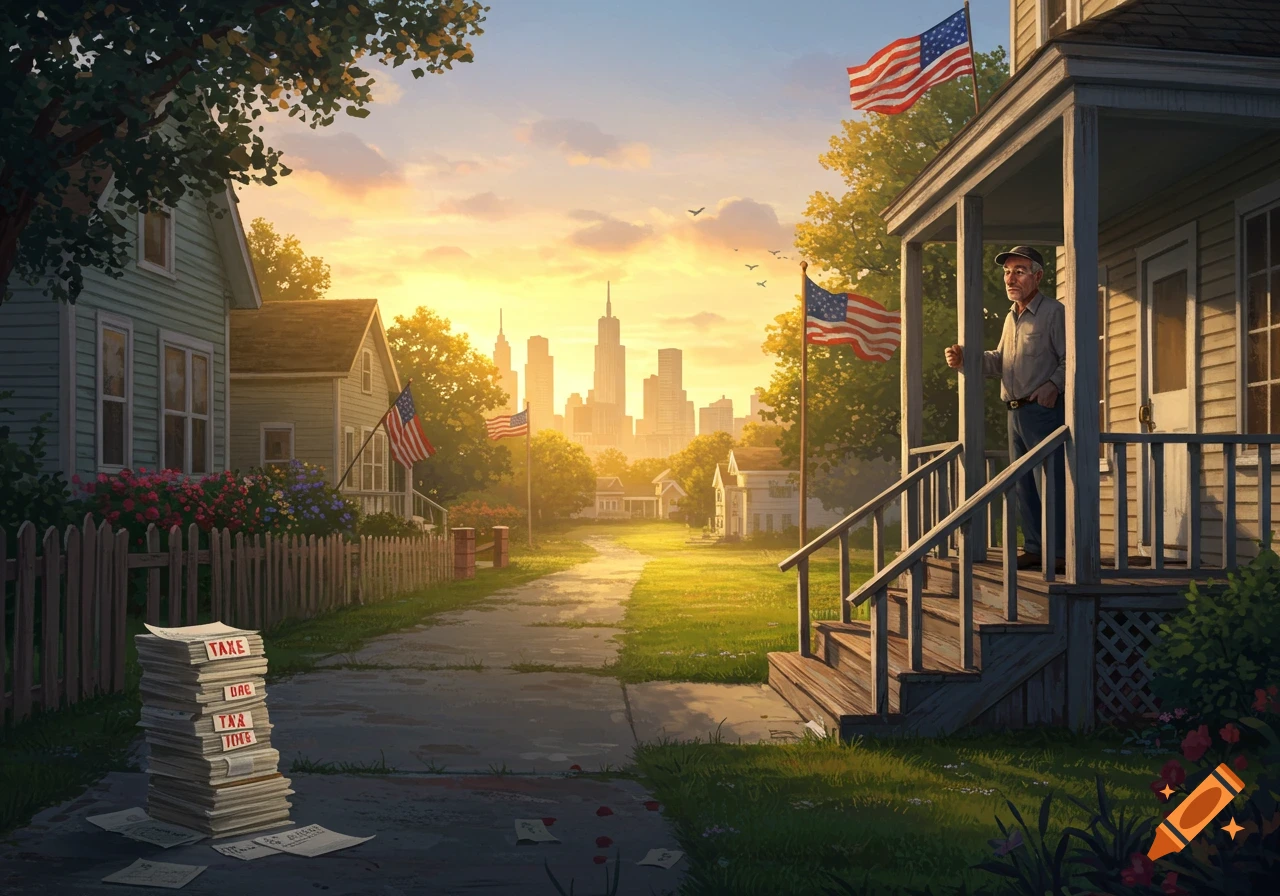 A man stands on a porch with an American flag, overlooking a suburban street and distant cityscape at sunset. A stack of "TAXE" papers sits on the sidewalk.