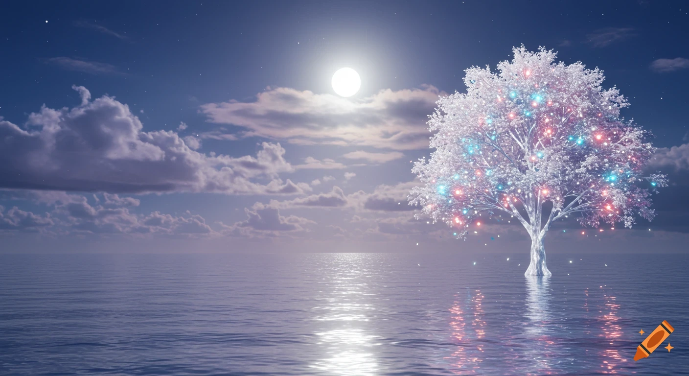 A magical white tree with glowing lights stands in calm ocean water under a full moon at night, with moonlight reflecting on the surface.
