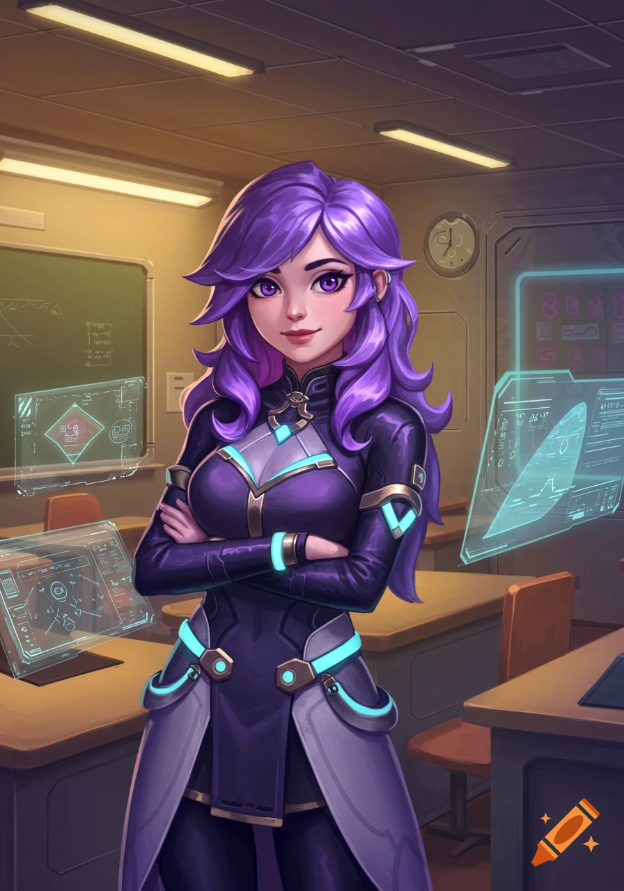 Purple-haired woman in a futuristic purple and teal uniform stands in a sci-fi classroom with holographic displays.