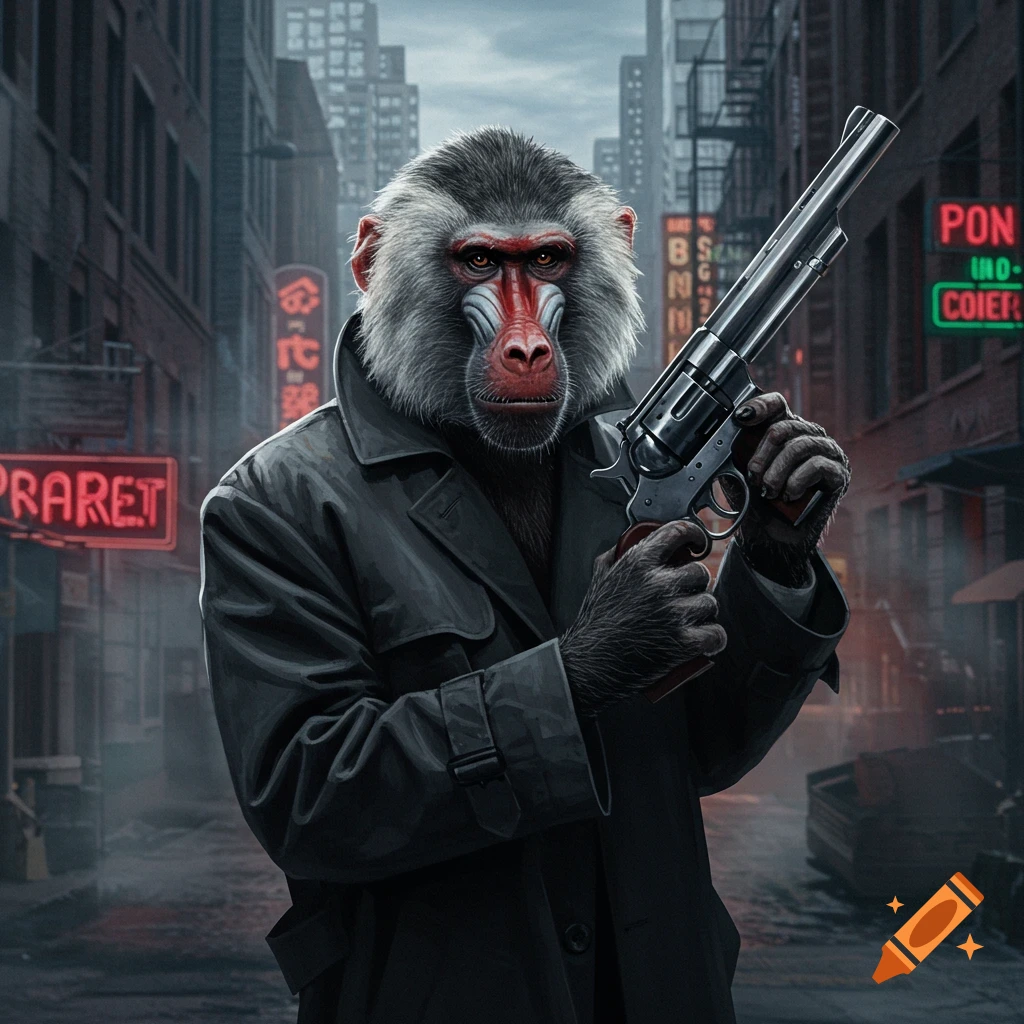 A baboon in a trench coat holds a large revolver on a dark, wet city street with neon signs.