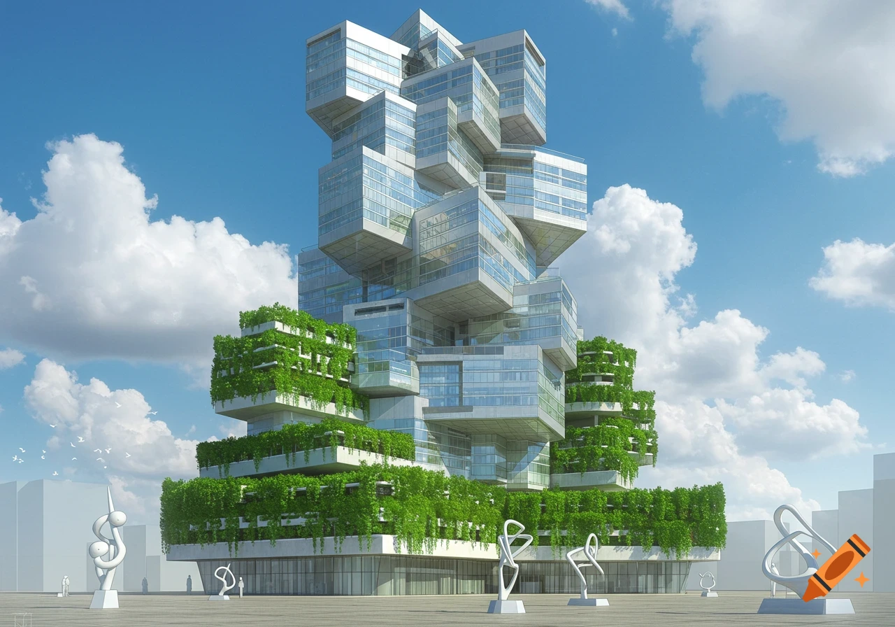 A towering postmodern building of stacked glass blocks and green foliage terraces, with abstract white sculptures on the plaza under a blue sky.
