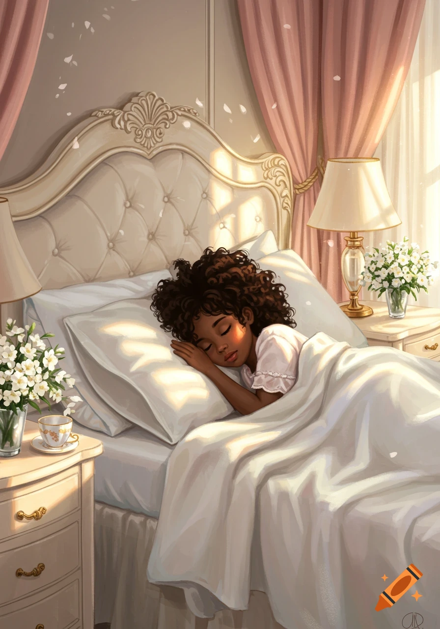 Illustration of a young black girl with curly hair sleeping peacefully in an elegant, sunlit bedroom.