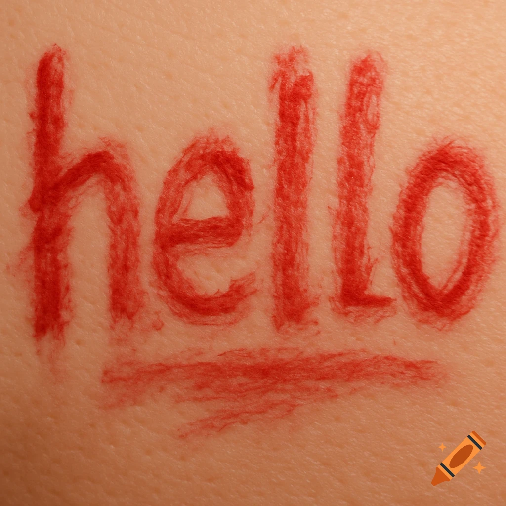 The word 'hello' written messily in red lipstick on light-toned human skin.