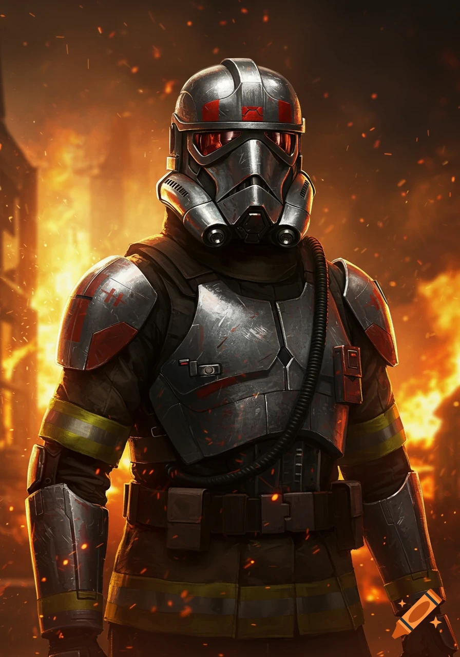 A sci-fi firefighter in Star Wars-style silver and red armor with a breathing apparatus stands against a fiery background.