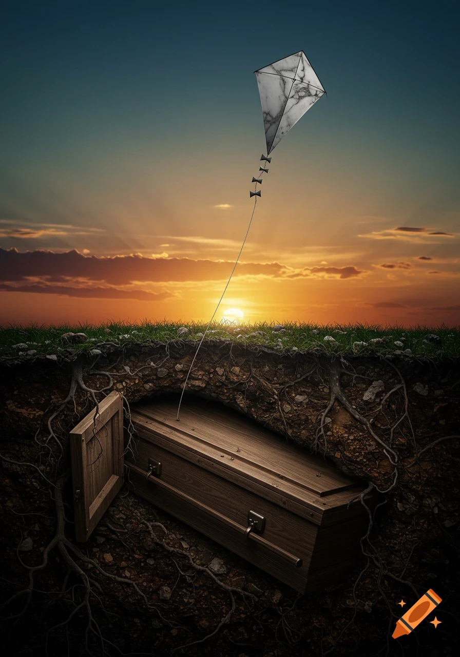 A wooden casket with an open lid in an underground grave, attached to a marble kite flying against a vibrant sunset.