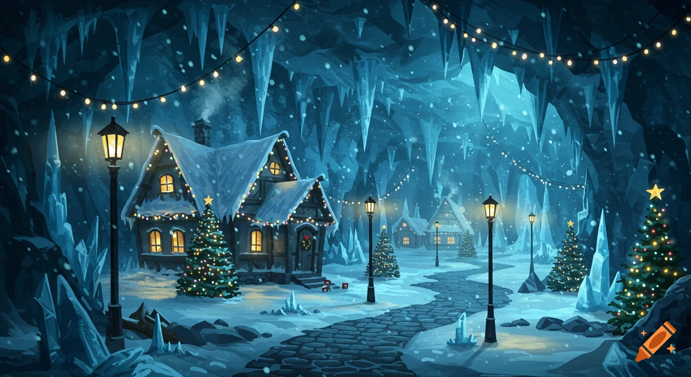 A whimsical Christmas village in a snowy ice cave, illuminated by festive string lights and lanterns, with snow-covered houses.