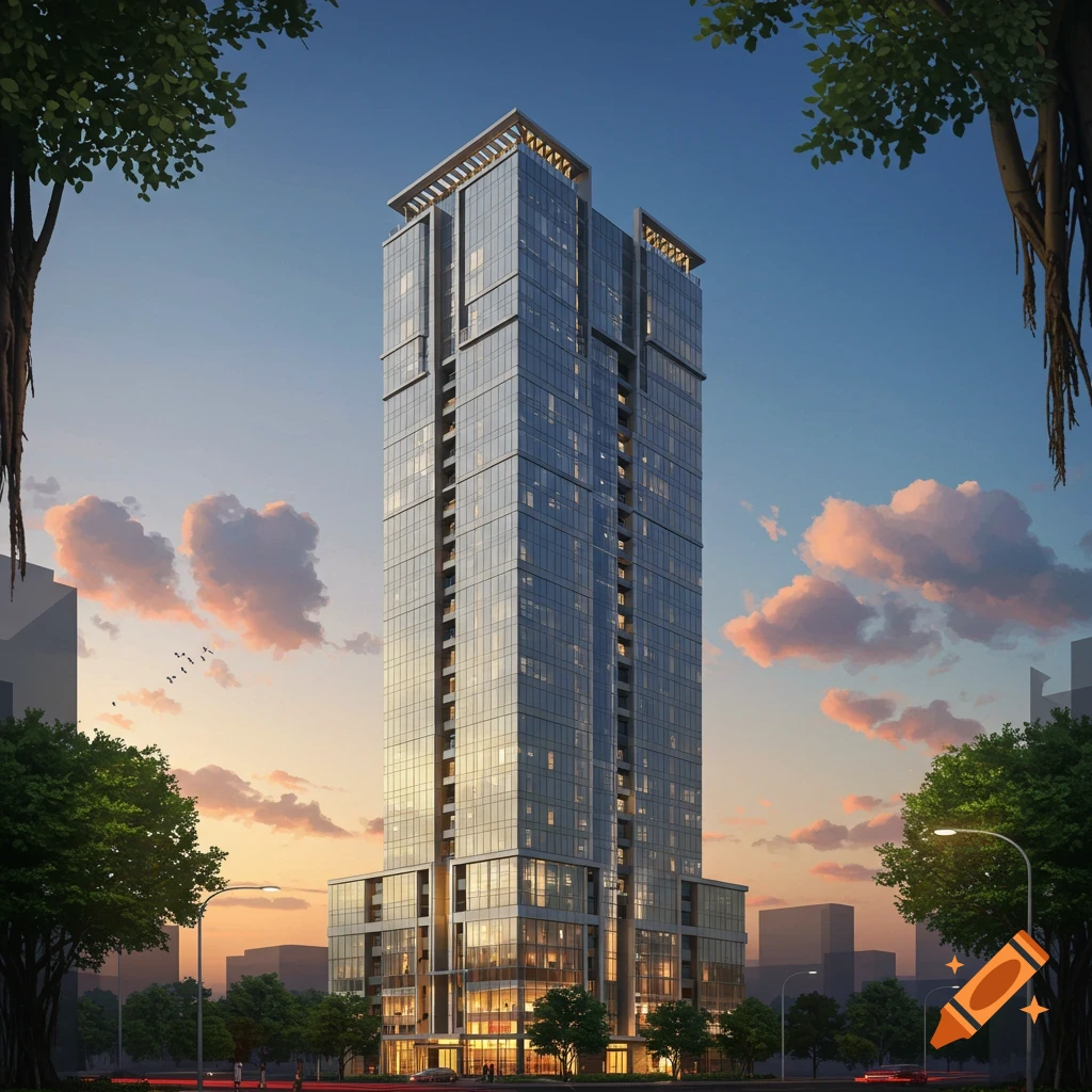 A tall, modern glass skyscraper stands against a sunset sky with clouds, surrounded by trees and a street.