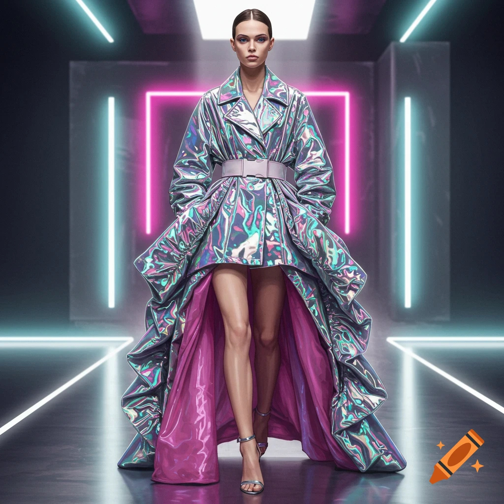 Female model on a runway in a futuristic iridescent metallic and pink coat with an open skirt, against a neon-lit background.