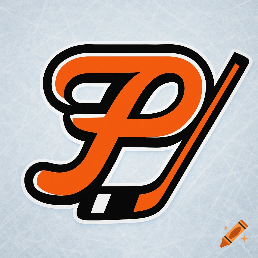 Stylized orange and black 'P' logo with a hockey stick on an ice background.