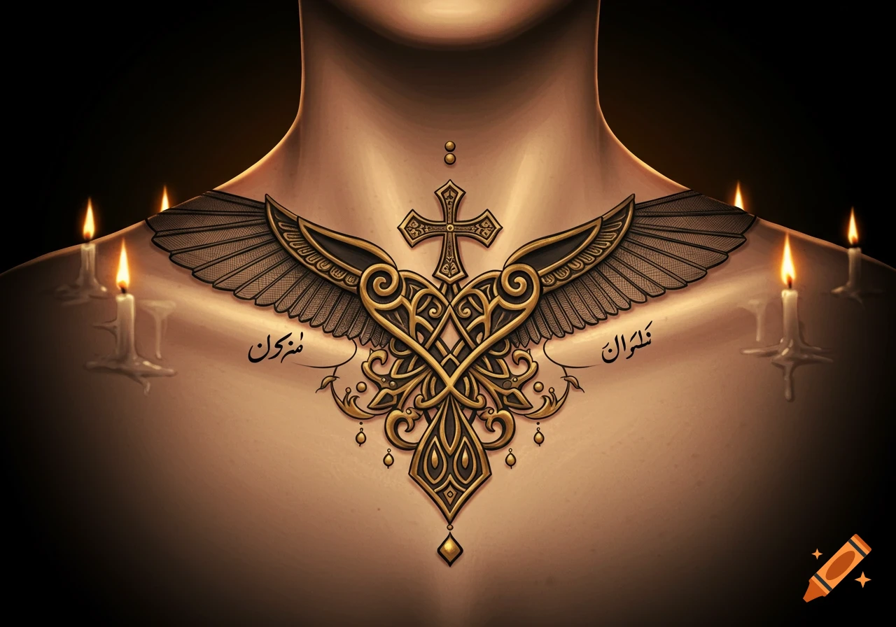 Close-up of a person's neck and upper chest with an ornate golden tattoo featuring a cross, wings, and intricate designs, flanked by lit candles.