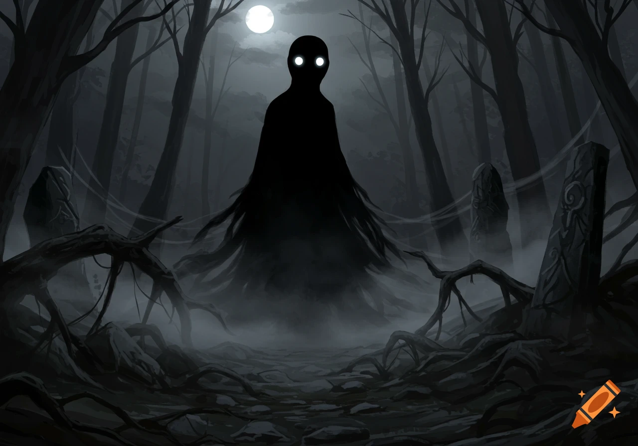 A menacing, shadowy figure with glowing eyes stands in a dark, misty forest at night under a full moon, digital art.