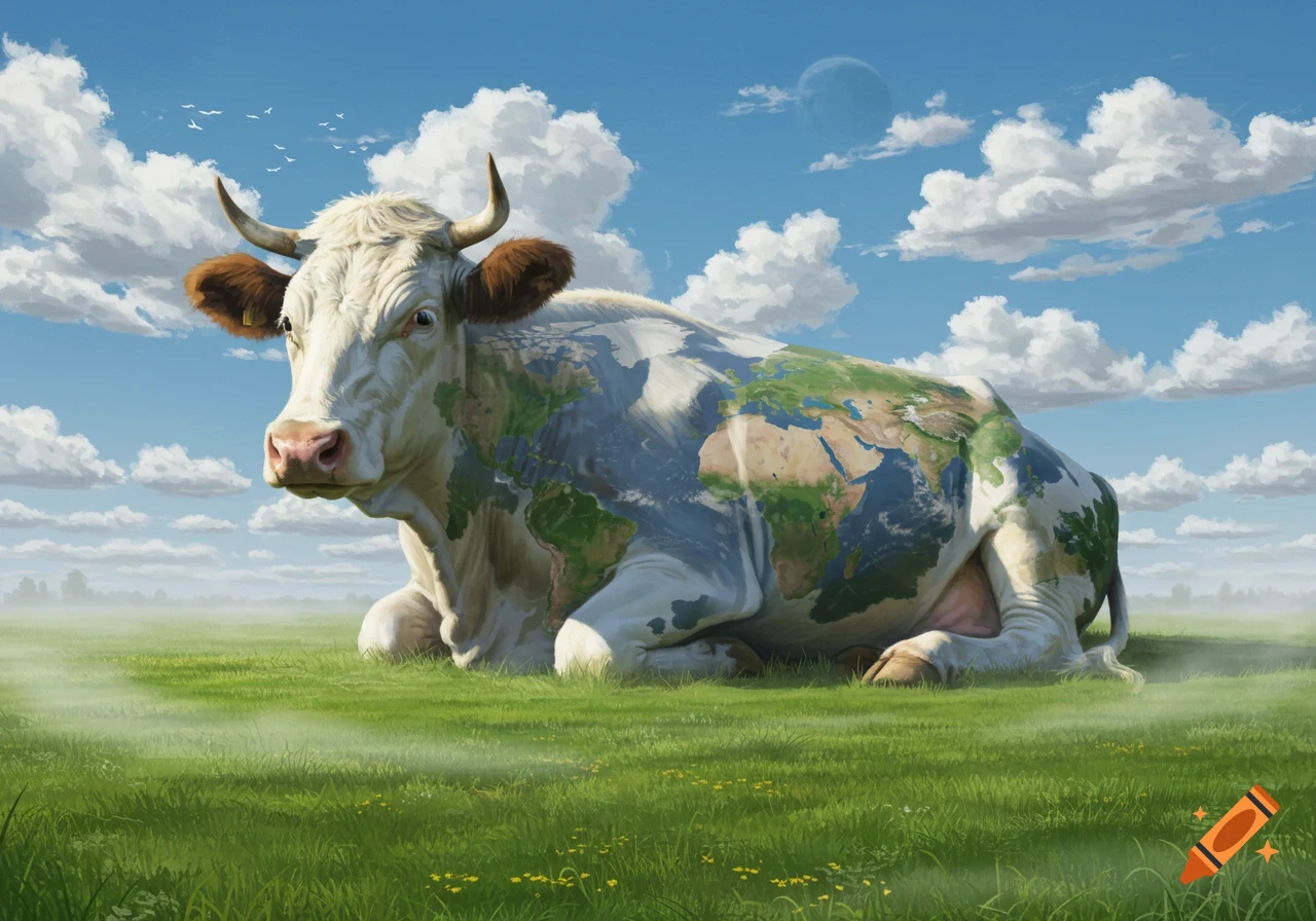 A large cow with a world map covering its body lies in a green field under a cloudy blue sky with a distant moon.