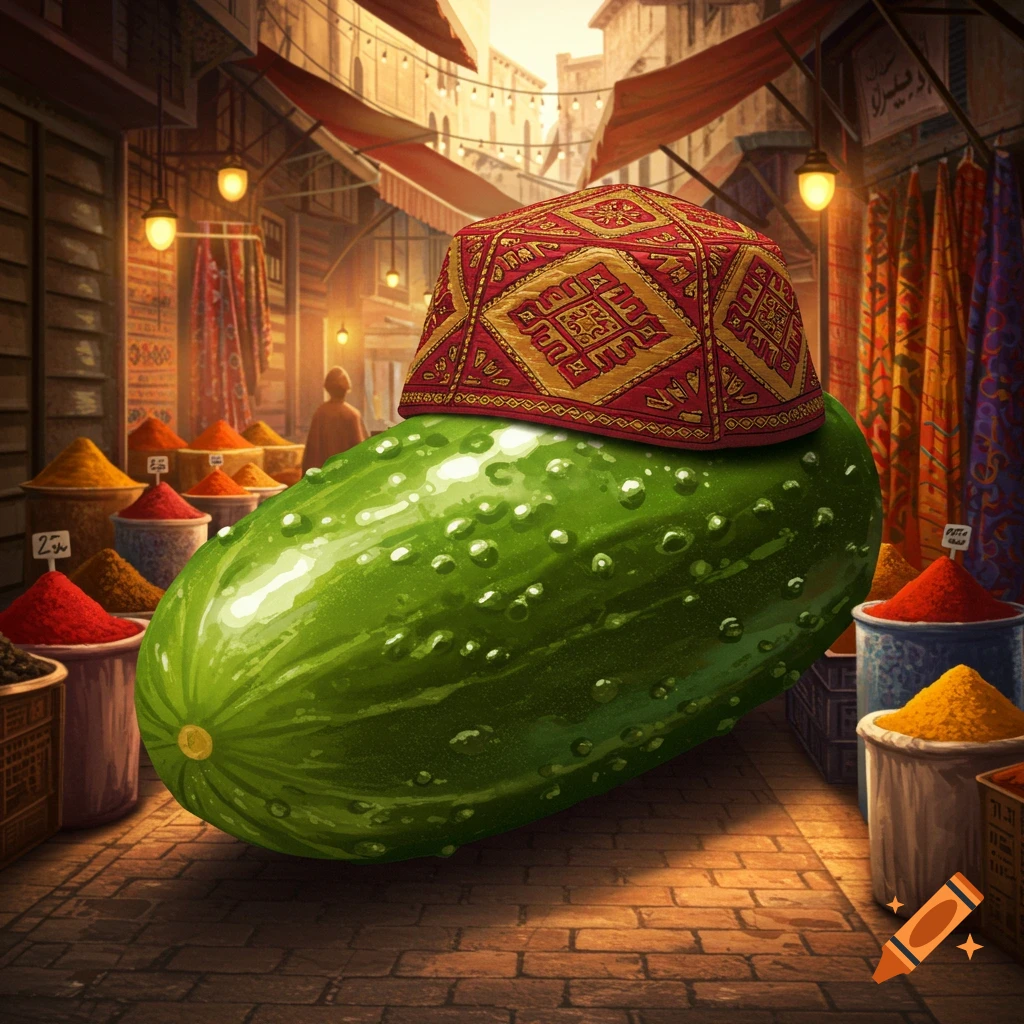 A large green pickle wearing a red embroidered cap in a bustling Middle Eastern spice market.