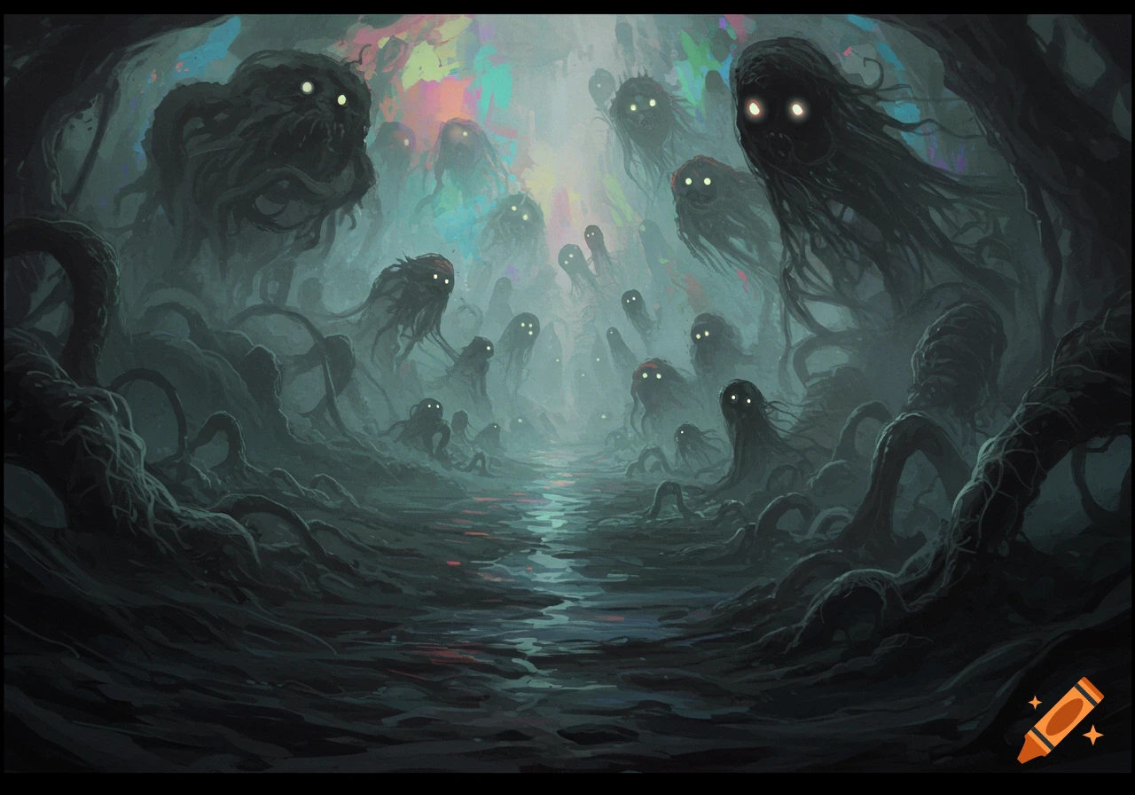 Dark, misty landscape filled with shadowy, tentacled creatures with glowing eyes, eerie and otherworldly.