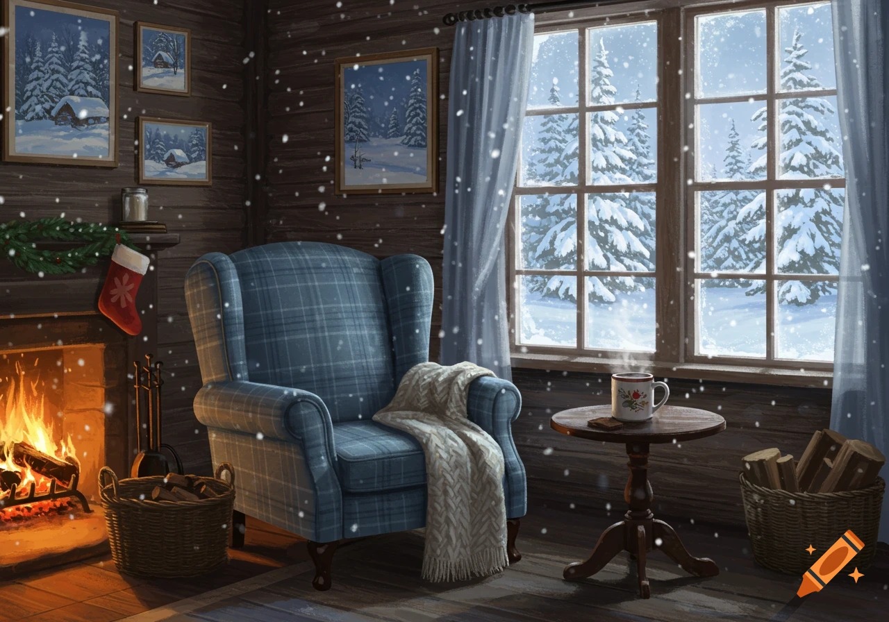 Cozy digital illustration of a cabin interior with a fireplace, armchair, and a window showing a snowy forest.